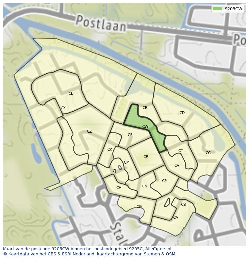 Afbeelding van het postcodegebied 9205 CW op de kaart.
