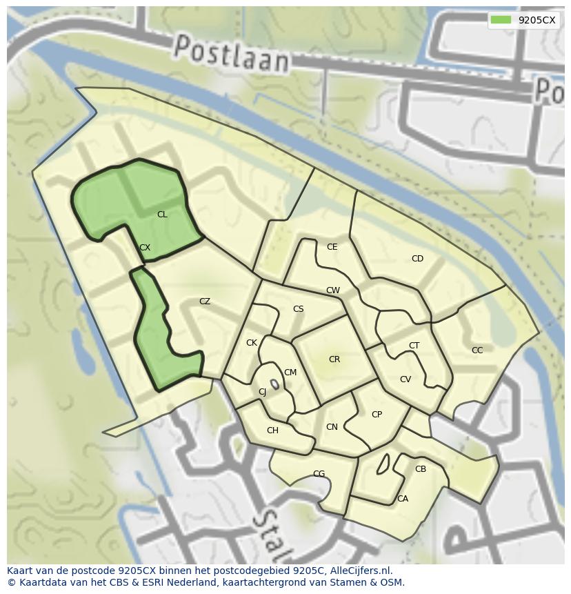 Afbeelding van het postcodegebied 9205 CX op de kaart.