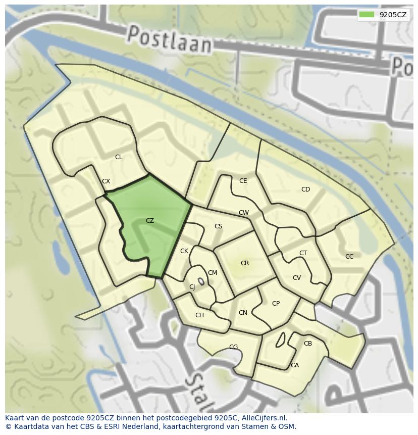 Afbeelding van het postcodegebied 9205 CZ op de kaart.