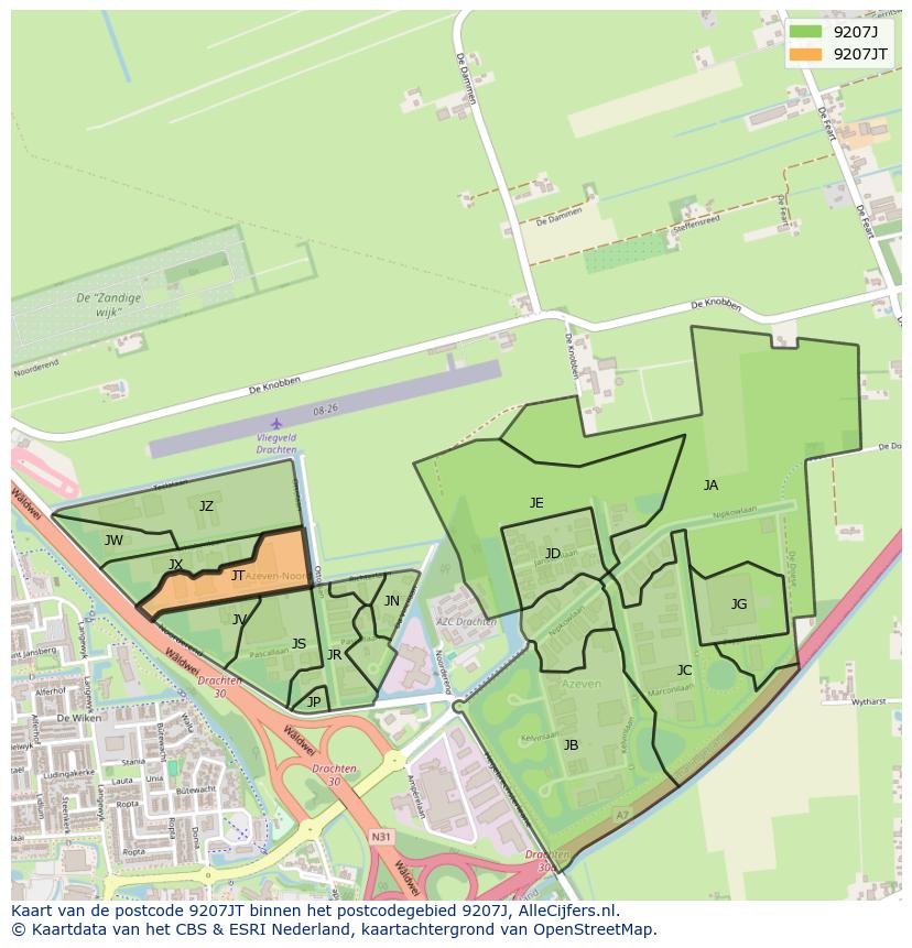 Afbeelding van het postcodegebied 9207 JT op de kaart.