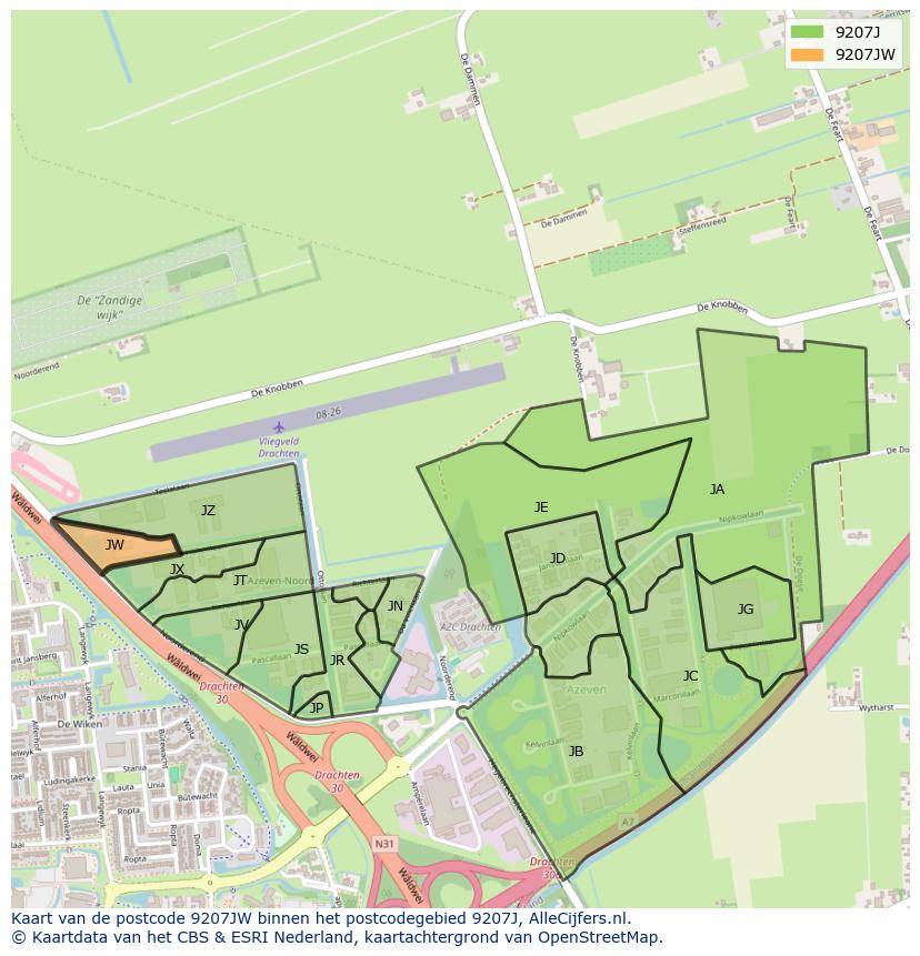 Afbeelding van het postcodegebied 9207 JW op de kaart.