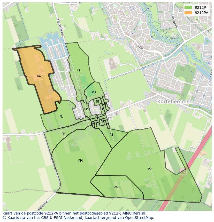 Afbeelding van het postcodegebied 9212 PA op de kaart.