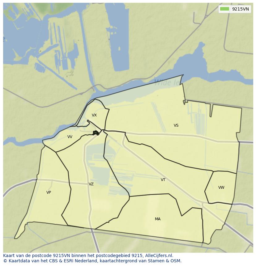 Afbeelding van het postcodegebied 9215 VN op de kaart.