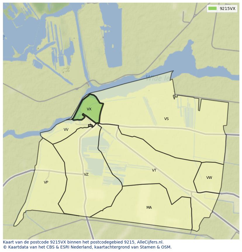 Afbeelding van het postcodegebied 9215 VX op de kaart.