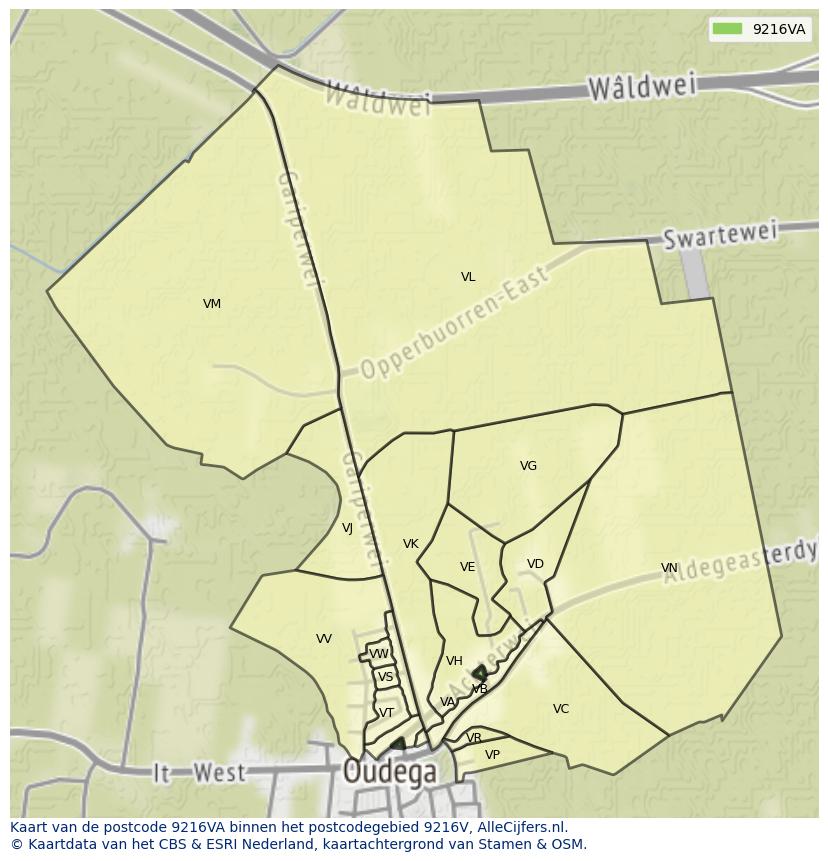 Afbeelding van het postcodegebied 9216 VA op de kaart.
