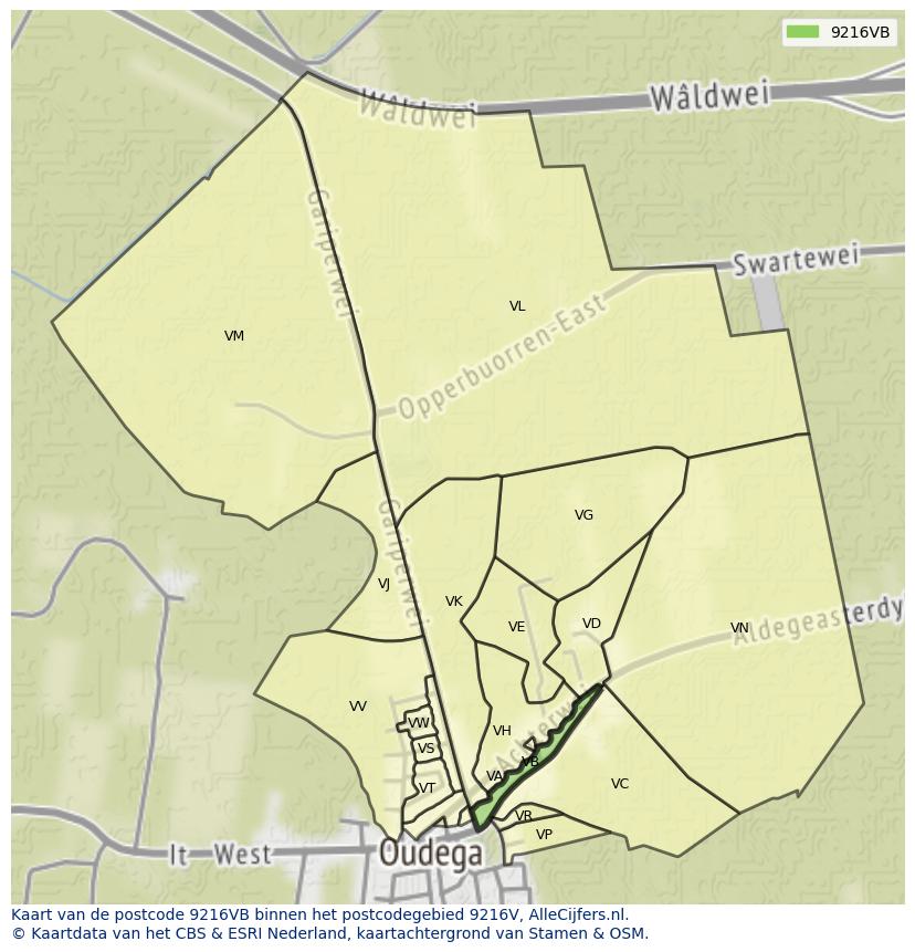 Afbeelding van het postcodegebied 9216 VB op de kaart.