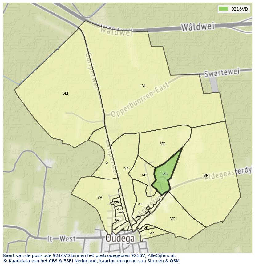 Afbeelding van het postcodegebied 9216 VD op de kaart.