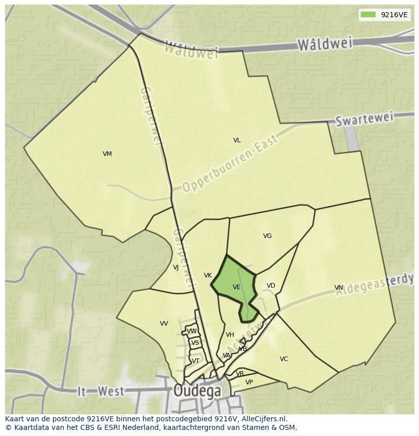 Afbeelding van het postcodegebied 9216 VE op de kaart.