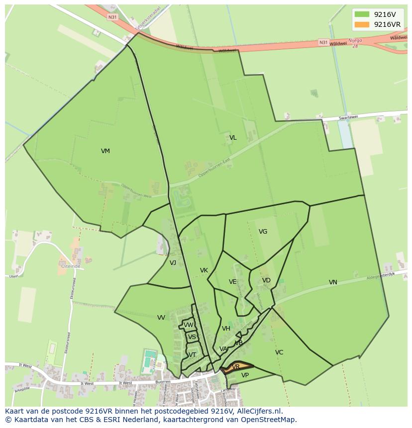 Afbeelding van het postcodegebied 9216 VR op de kaart.
