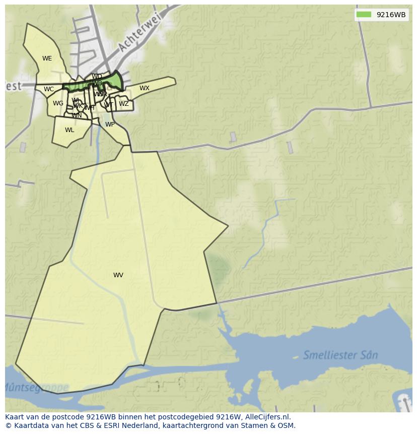Afbeelding van het postcodegebied 9216 WB op de kaart.
