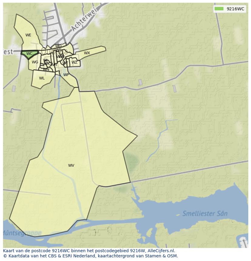 Afbeelding van het postcodegebied 9216 WC op de kaart.