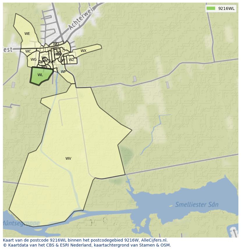 Afbeelding van het postcodegebied 9216 WL op de kaart.