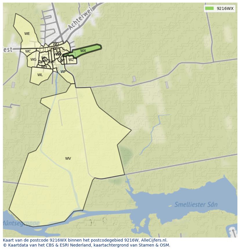 Afbeelding van het postcodegebied 9216 WX op de kaart.