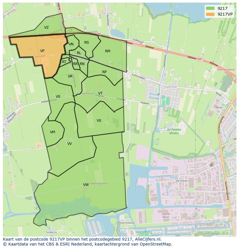 Afbeelding van het postcodegebied 9217 VP op de kaart.