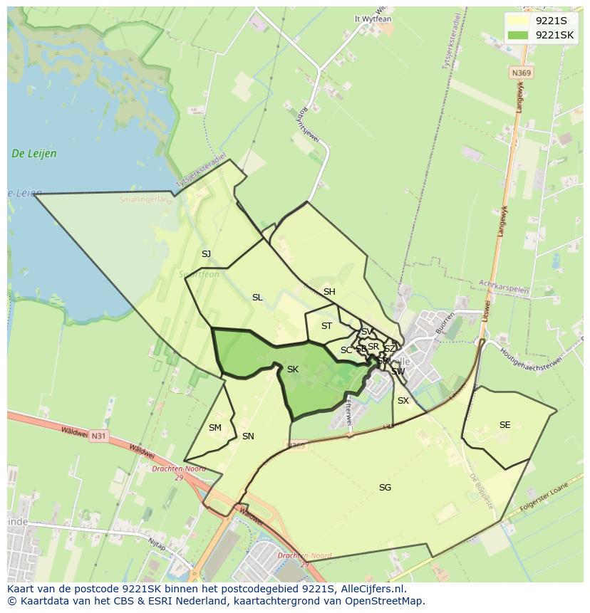 Afbeelding van het postcodegebied 9221 SK op de kaart.