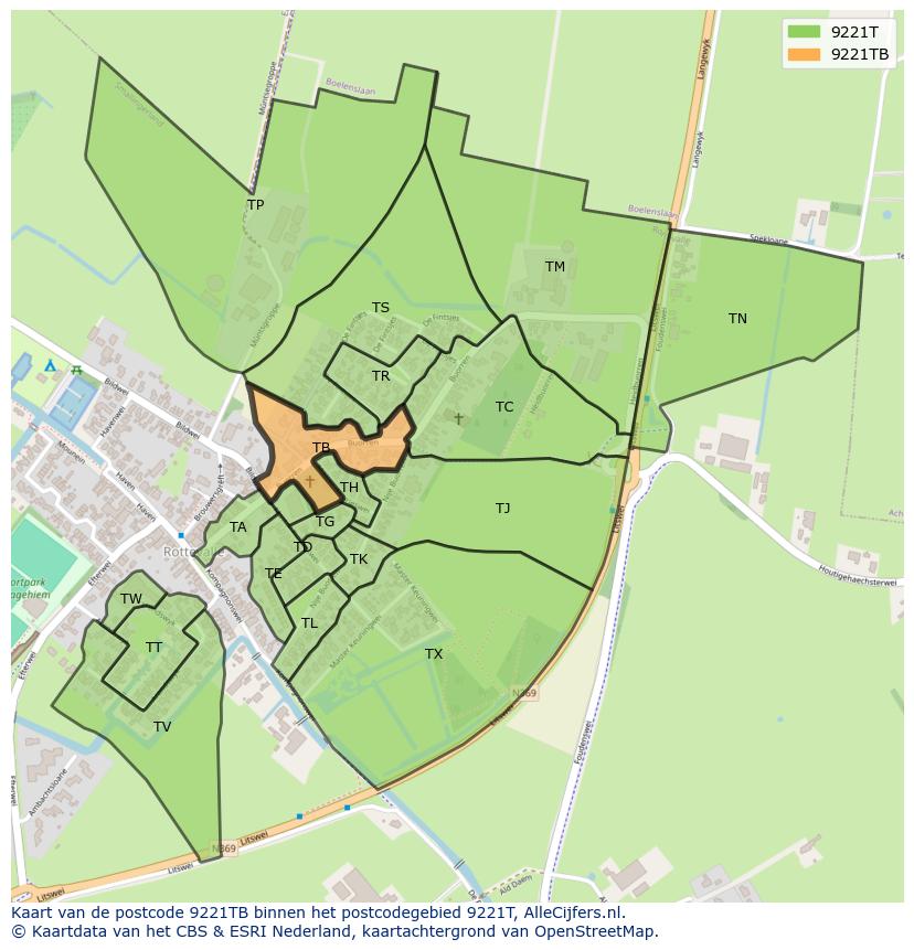 Afbeelding van het postcodegebied 9221 TB op de kaart.