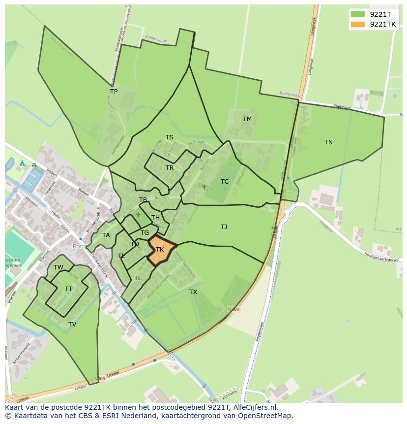 Afbeelding van het postcodegebied 9221 TK op de kaart.