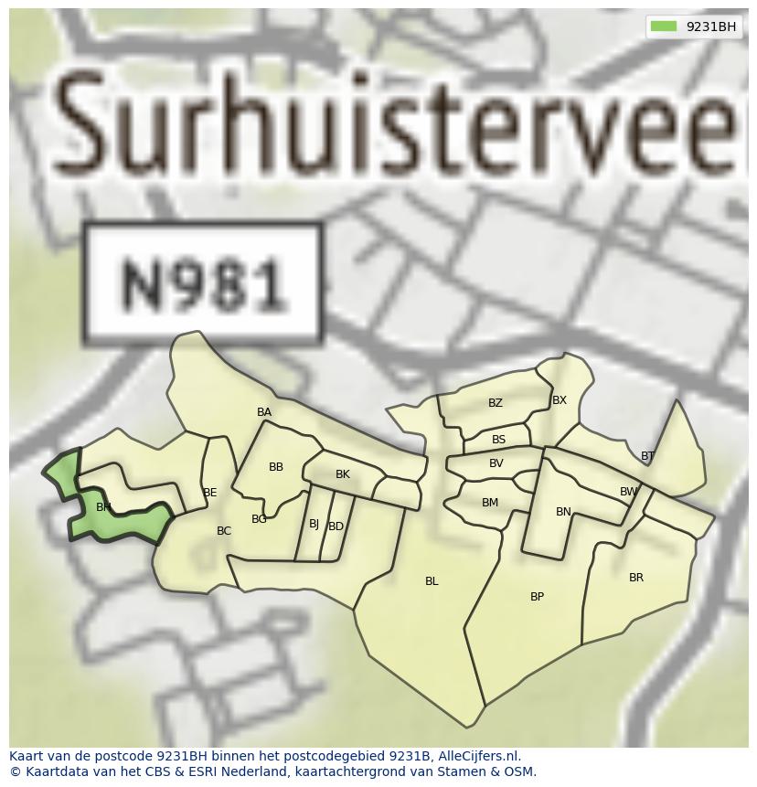 Afbeelding van het postcodegebied 9231 BH op de kaart.