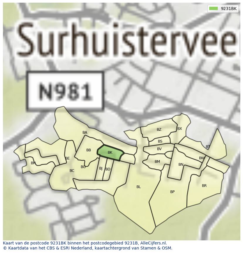 Afbeelding van het postcodegebied 9231 BK op de kaart.