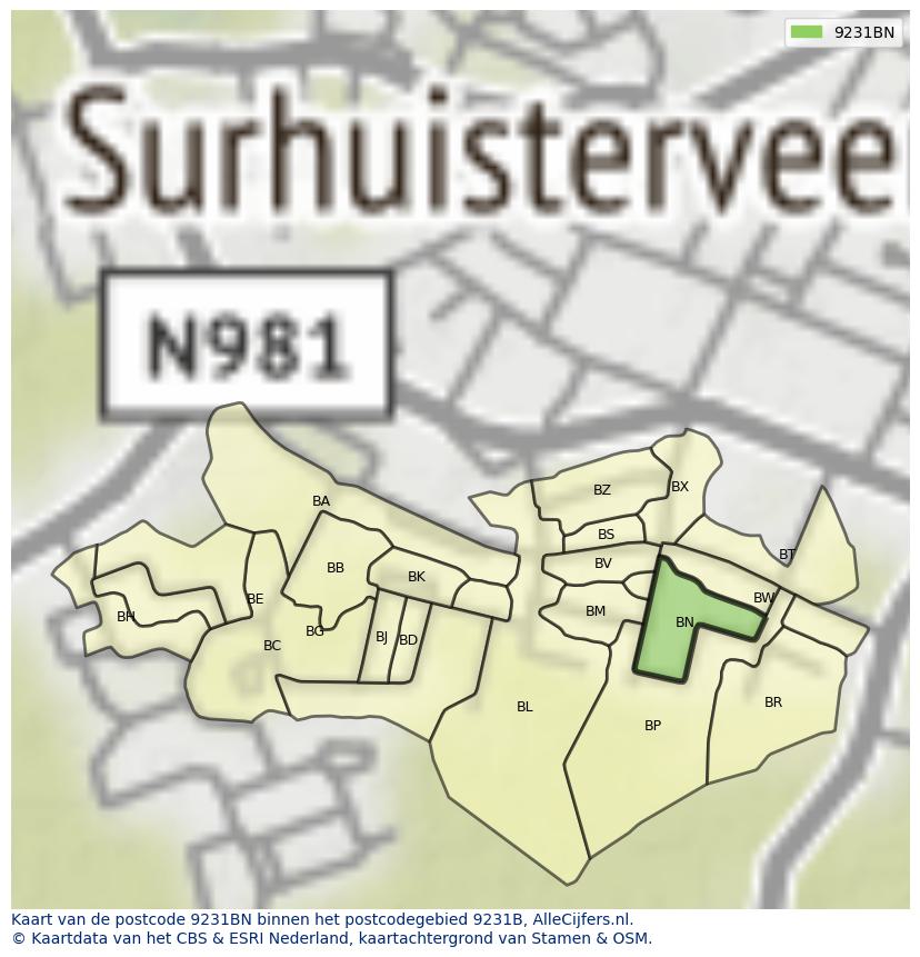 Afbeelding van het postcodegebied 9231 BN op de kaart.