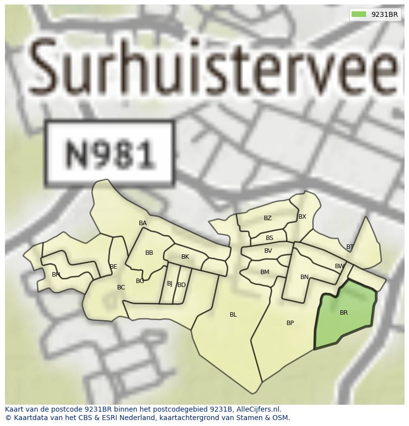 Afbeelding van het postcodegebied 9231 BR op de kaart.
