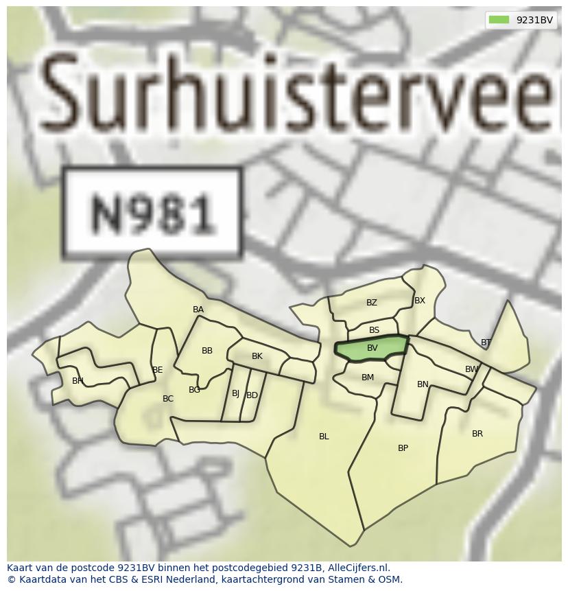 Afbeelding van het postcodegebied 9231 BV op de kaart.
