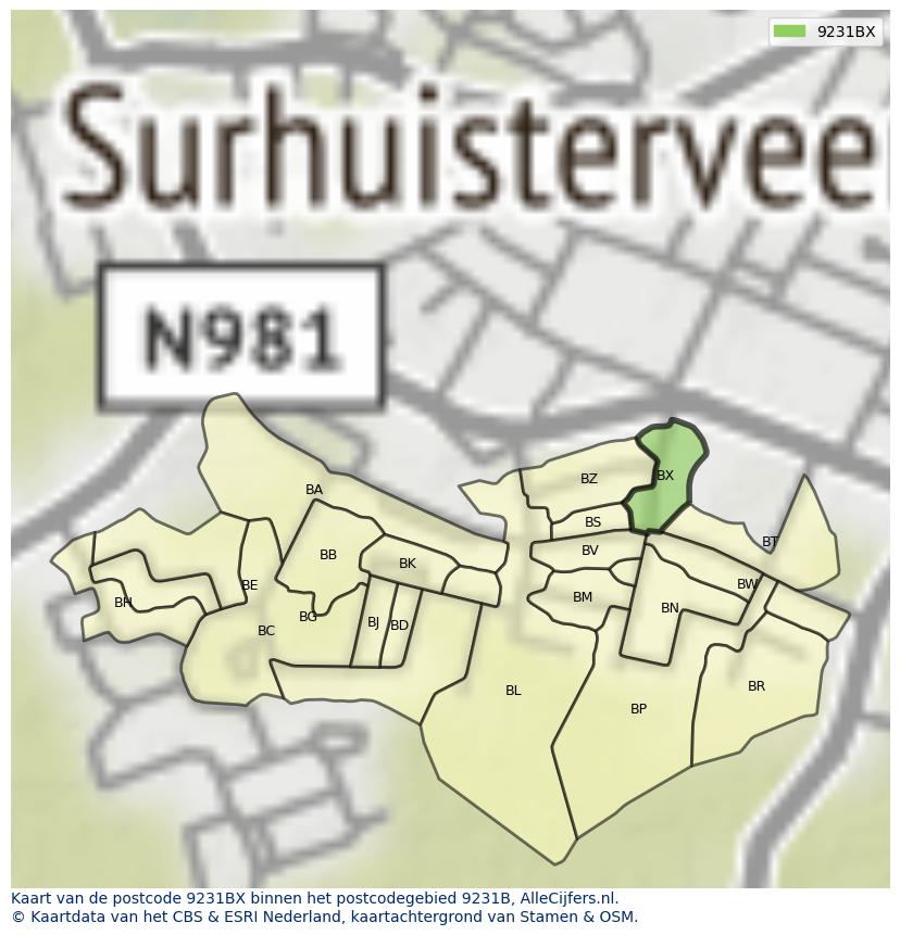 Afbeelding van het postcodegebied 9231 BX op de kaart.