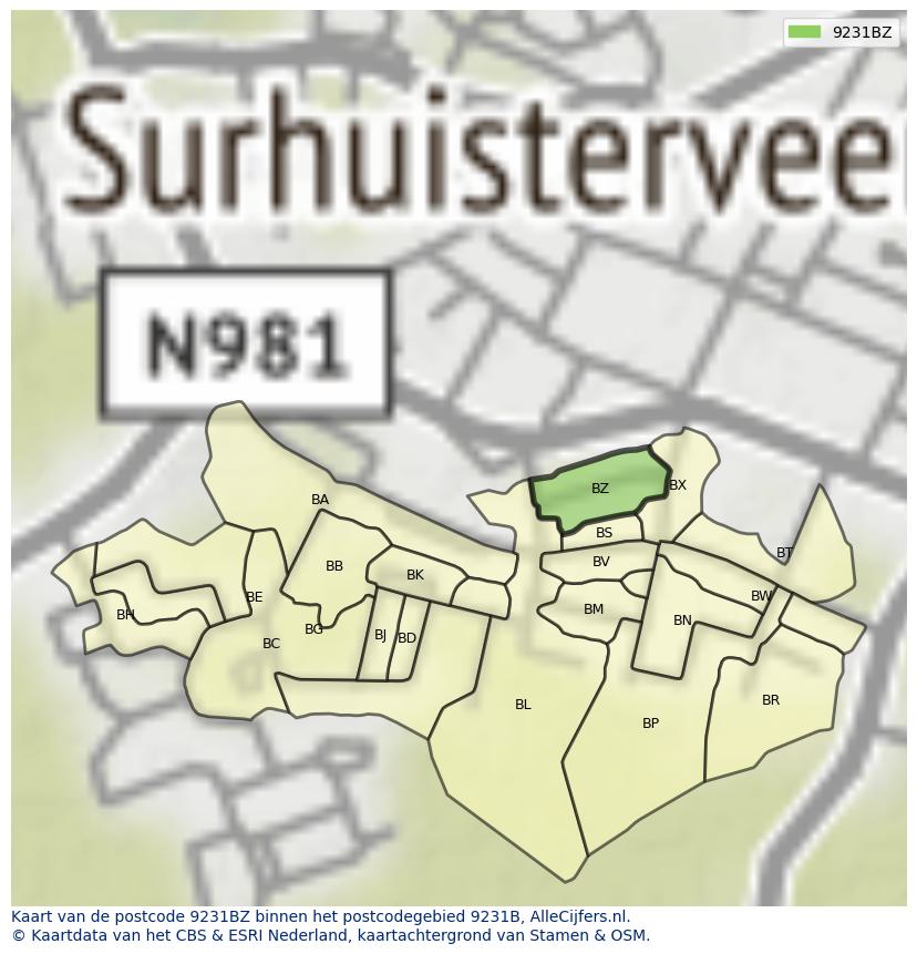 Afbeelding van het postcodegebied 9231 BZ op de kaart.