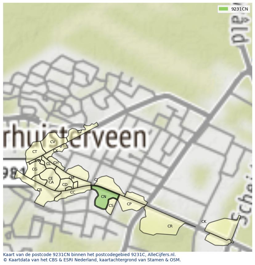 Afbeelding van het postcodegebied 9231 CN op de kaart.