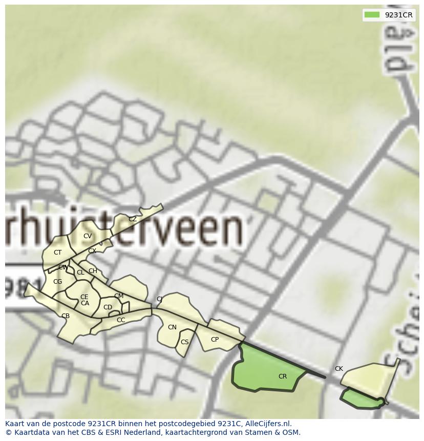 Afbeelding van het postcodegebied 9231 CR op de kaart.