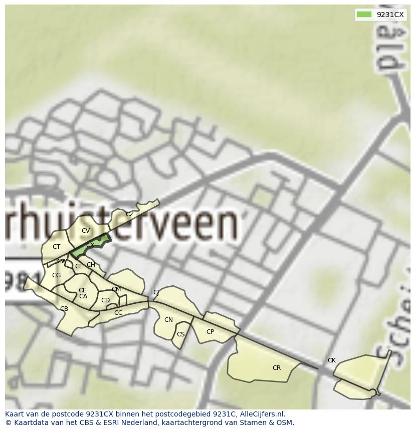 Afbeelding van het postcodegebied 9231 CX op de kaart.