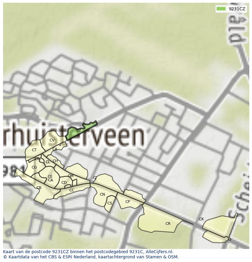 Afbeelding van het postcodegebied 9231 CZ op de kaart.