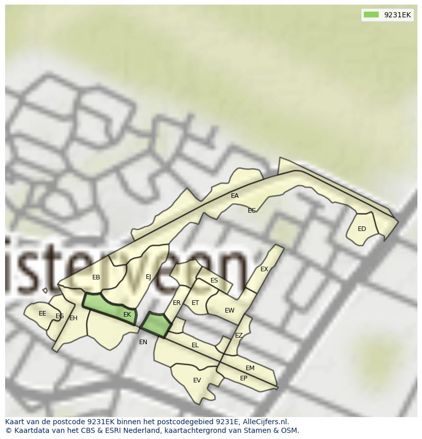 Afbeelding van het postcodegebied 9231 EK op de kaart.