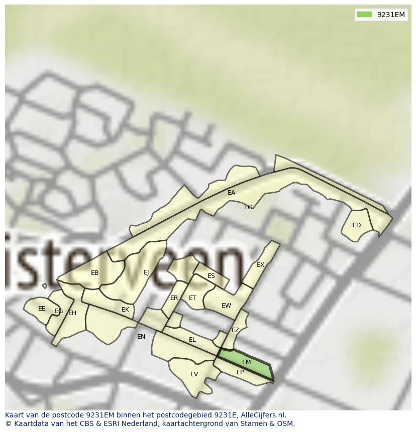 Afbeelding van het postcodegebied 9231 EM op de kaart.