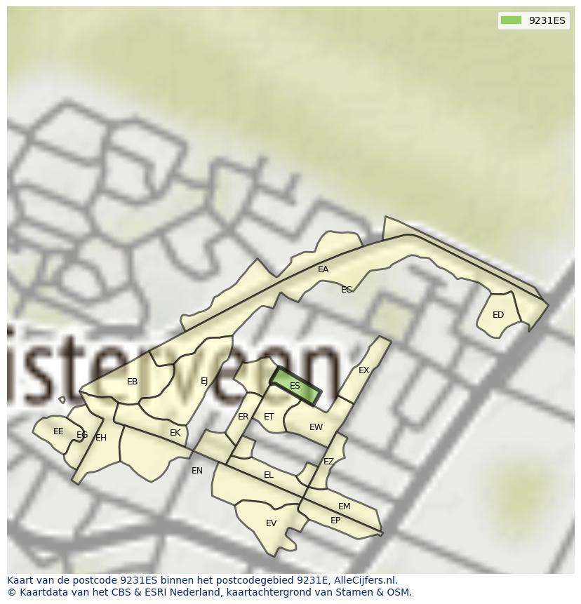 Afbeelding van het postcodegebied 9231 ES op de kaart.