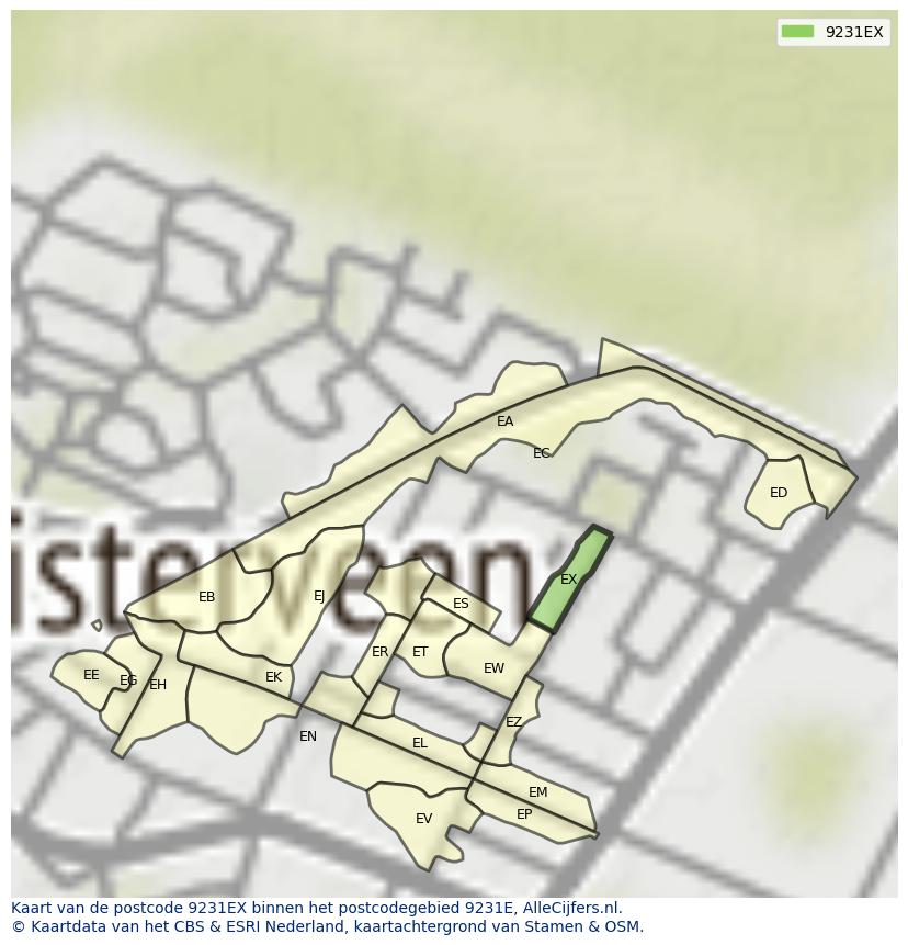 Afbeelding van het postcodegebied 9231 EX op de kaart.
