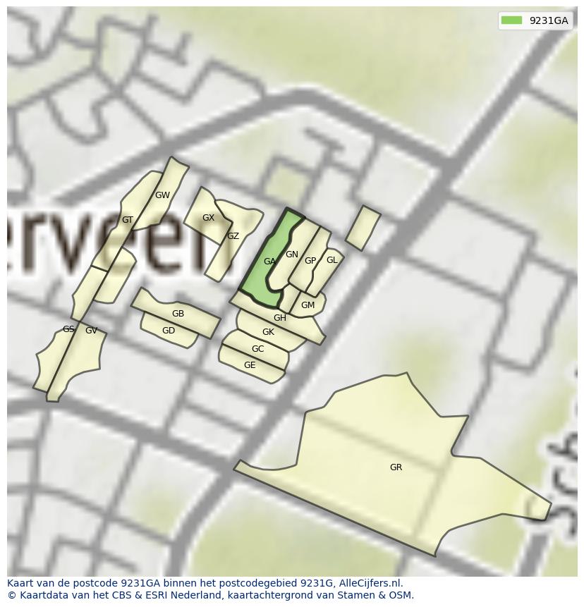 Afbeelding van het postcodegebied 9231 GA op de kaart.