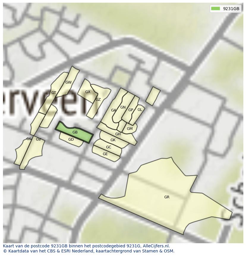 Afbeelding van het postcodegebied 9231 GB op de kaart.