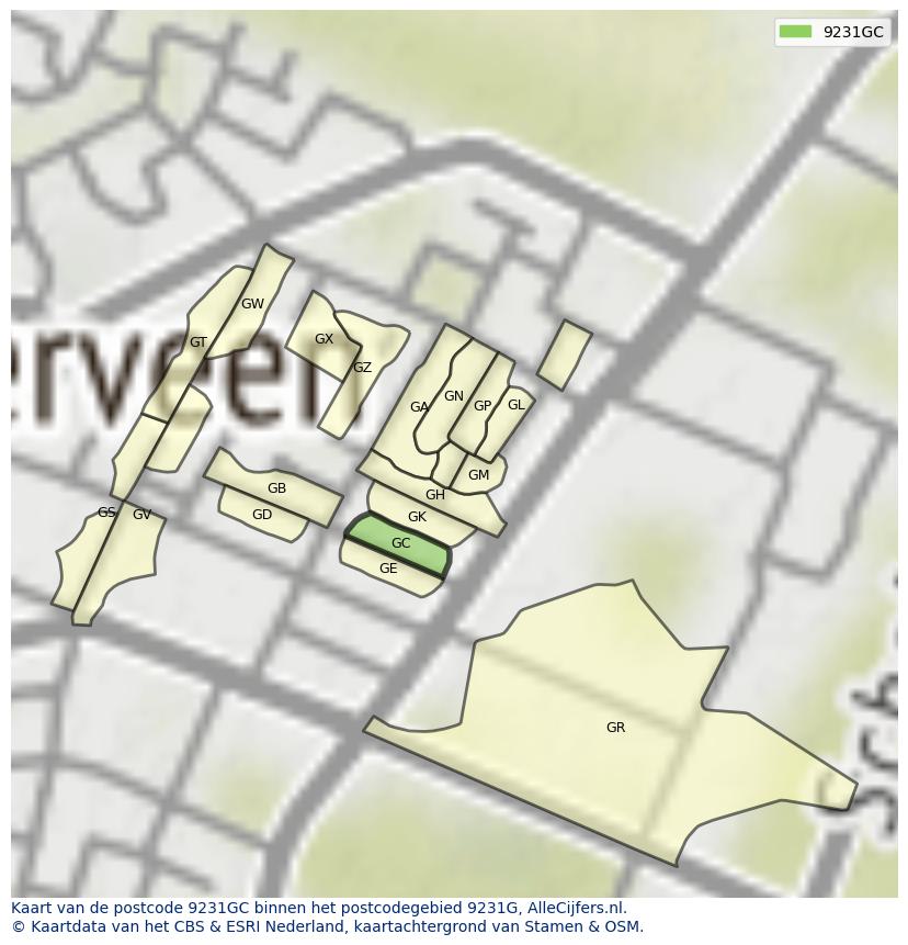 Afbeelding van het postcodegebied 9231 GC op de kaart.
