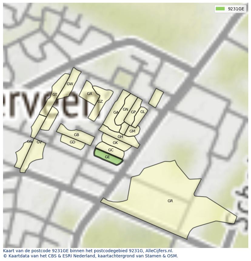 Afbeelding van het postcodegebied 9231 GE op de kaart.