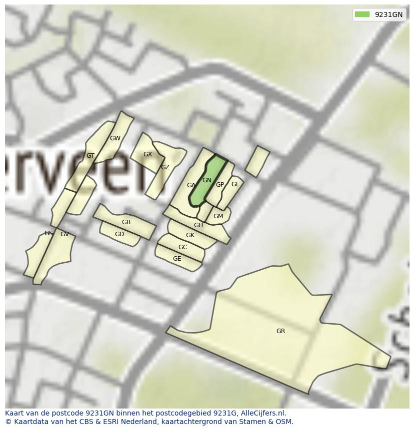 Afbeelding van het postcodegebied 9231 GN op de kaart.