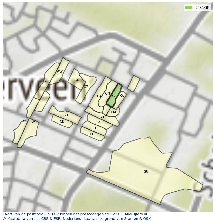 Afbeelding van het postcodegebied 9231 GP op de kaart.