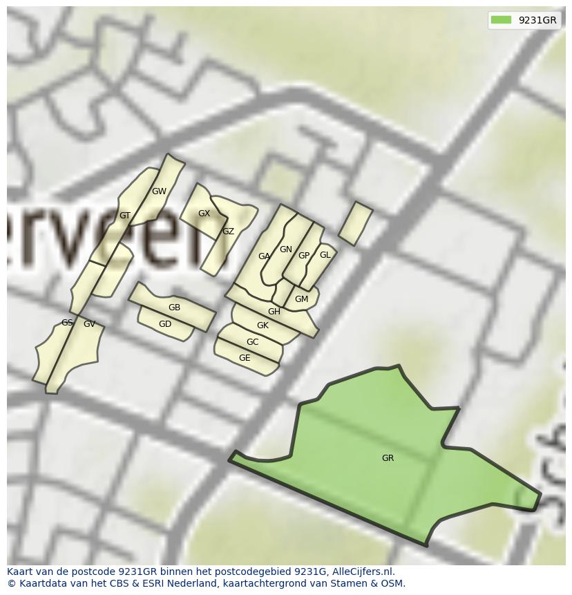 Afbeelding van het postcodegebied 9231 GR op de kaart.