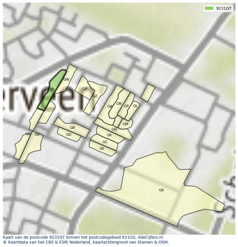 Afbeelding van het postcodegebied 9231 GT op de kaart.