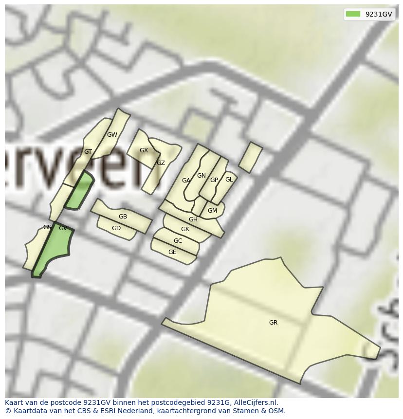 Afbeelding van het postcodegebied 9231 GV op de kaart.