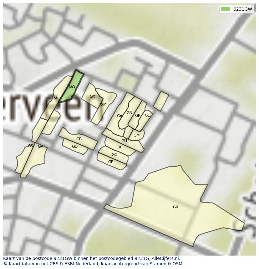 Afbeelding van het postcodegebied 9231 GW op de kaart.