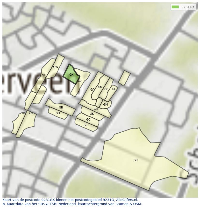 Afbeelding van het postcodegebied 9231 GX op de kaart.