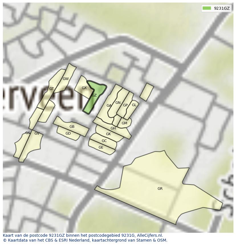 Afbeelding van het postcodegebied 9231 GZ op de kaart.
