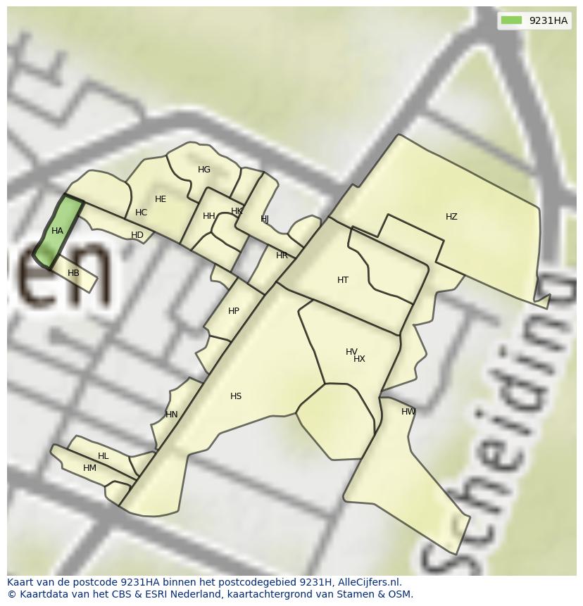 Afbeelding van het postcodegebied 9231 HA op de kaart.