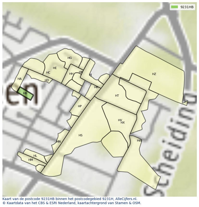 Afbeelding van het postcodegebied 9231 HB op de kaart.
